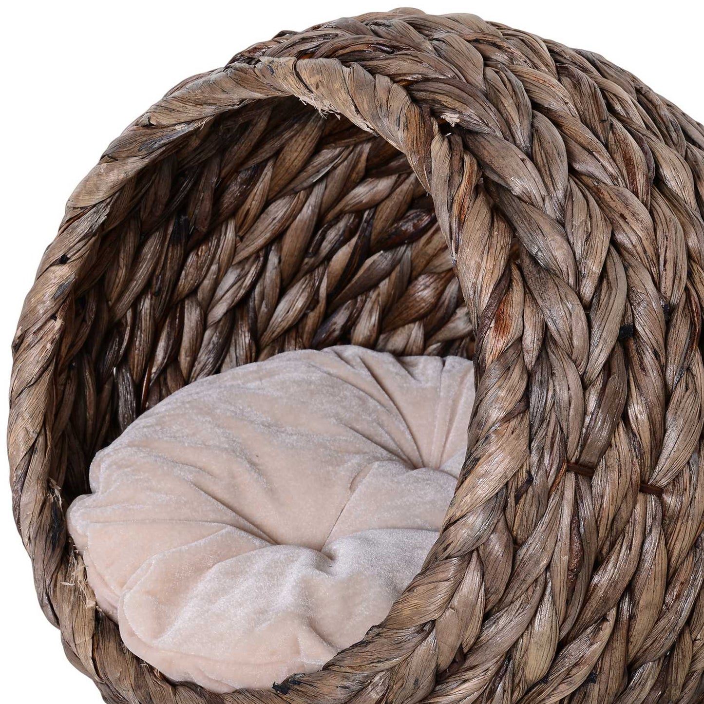 Rattan Cat Cave Bed, dark brown, water hyacinth, with pillow