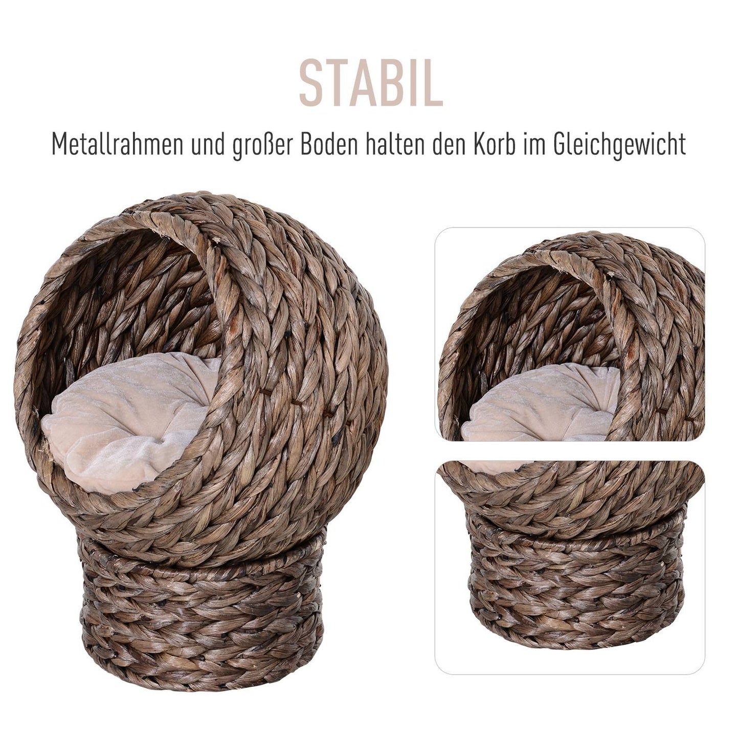 Rattan Cat Cave Bed, dark brown, water hyacinth, with pillow