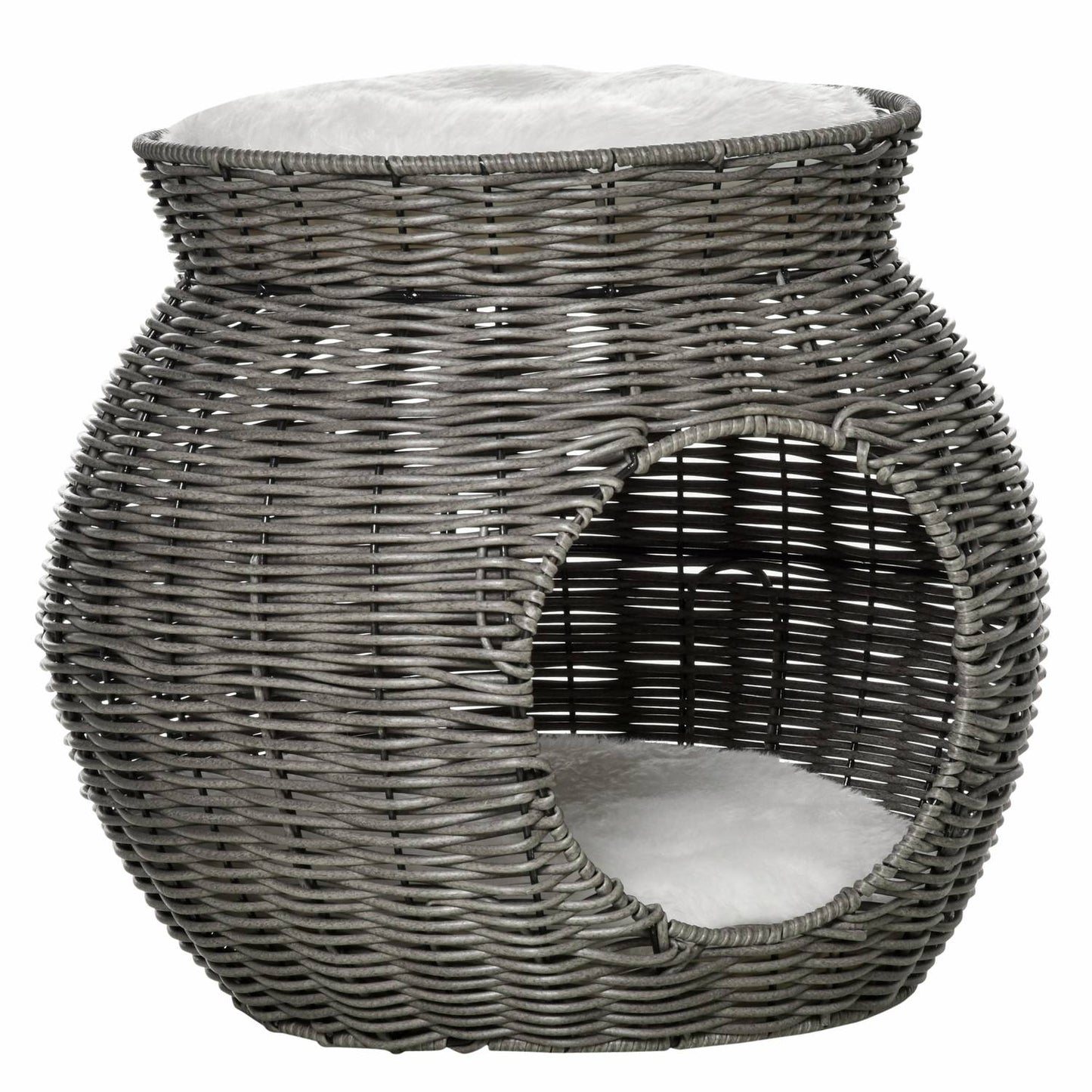 Two-story rattan cat basket with cushions, dark grey