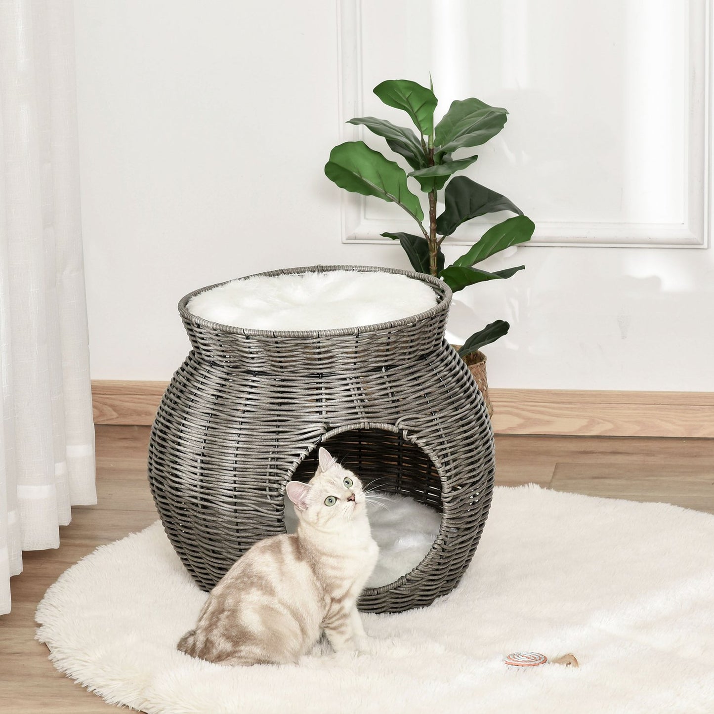 Two-story rattan cat basket with cushions, dark grey