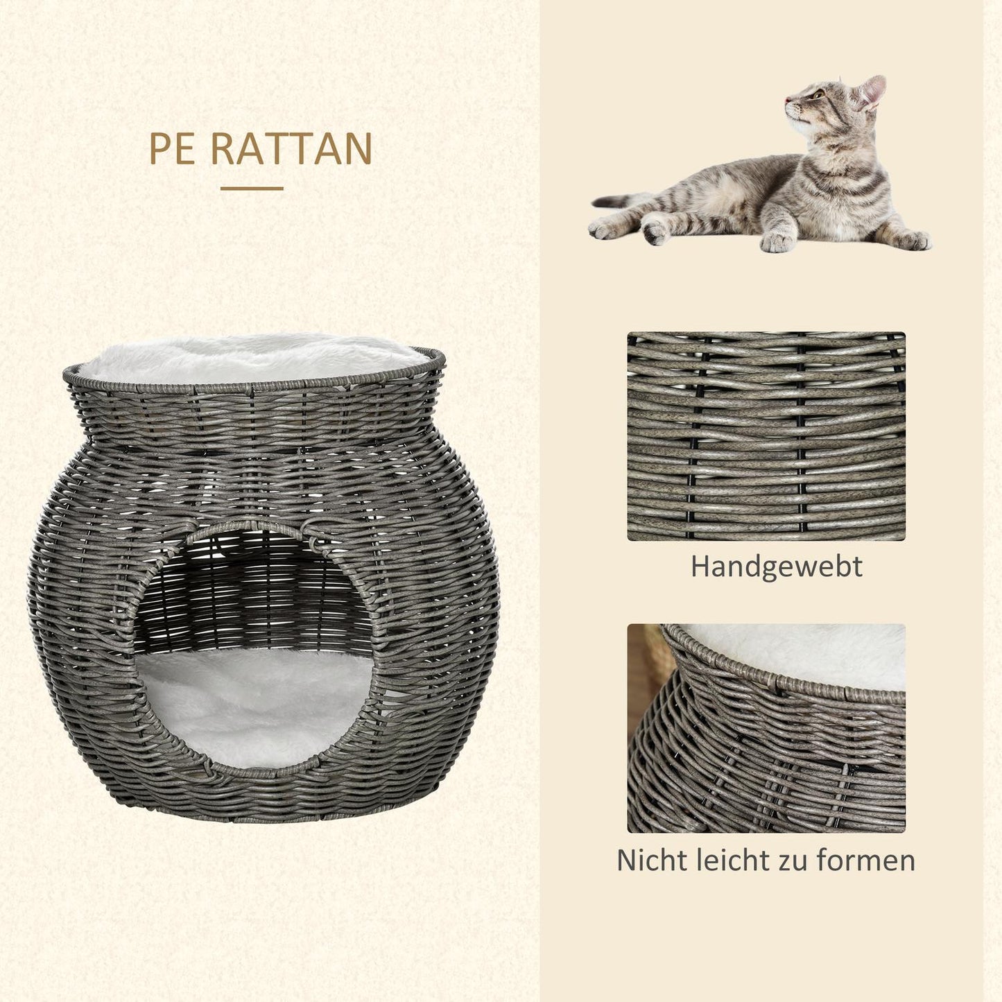 Two-story rattan cat basket with cushions, dark grey