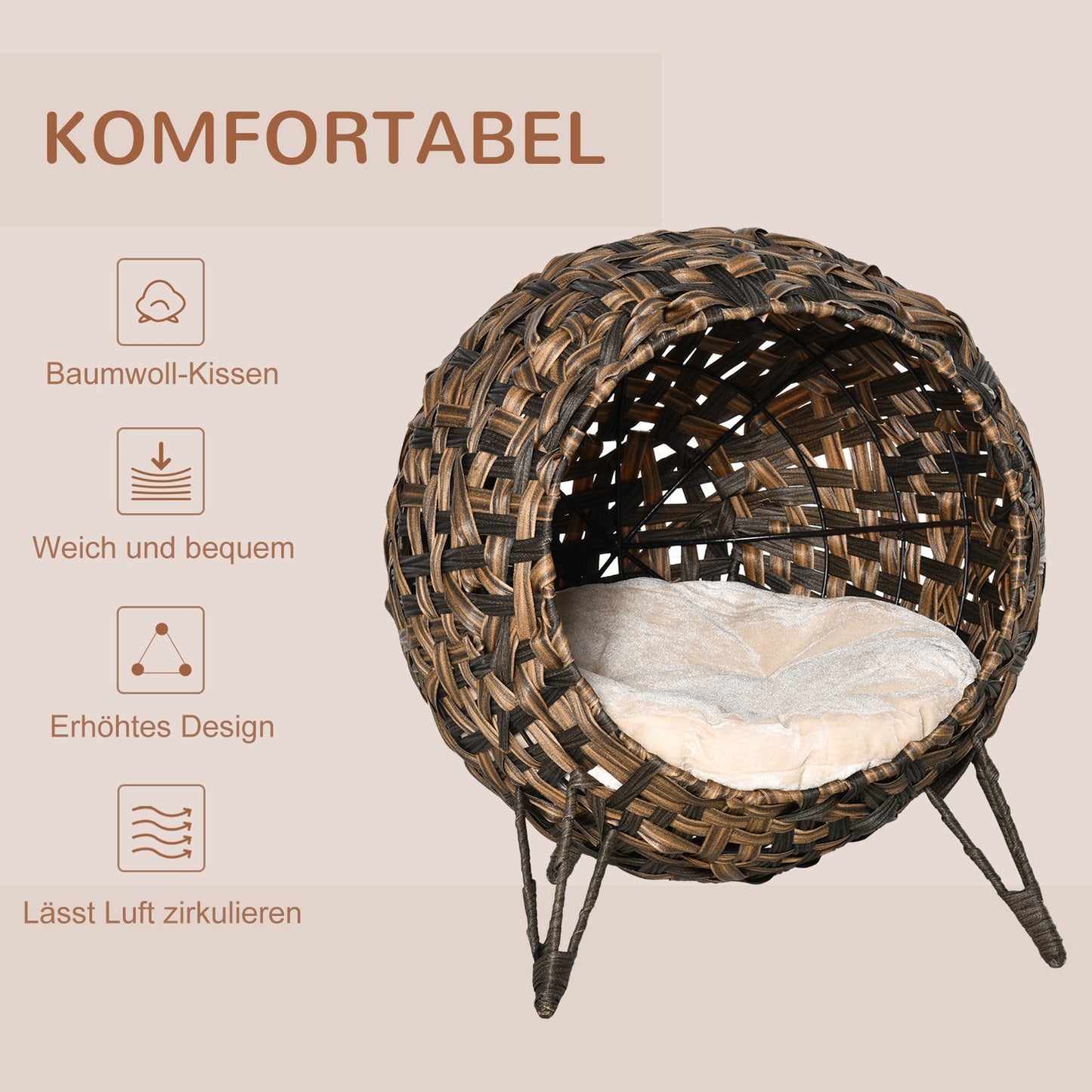 Rattan Cat Bed, raised design with pillow, brown Ø52cm