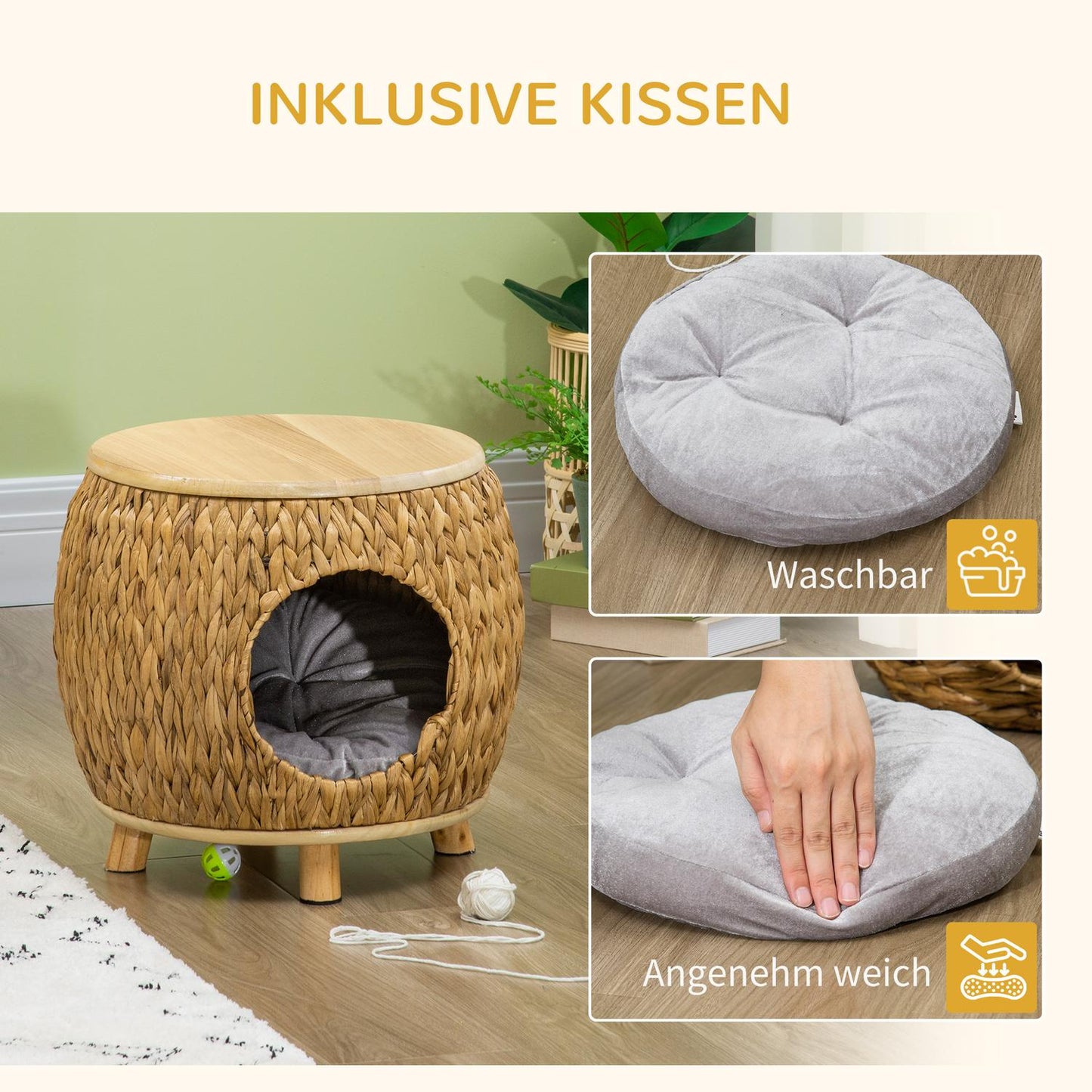 Rattan Cat Cave & Bed - 2-in-1 with pillow, 44x43x42cm
