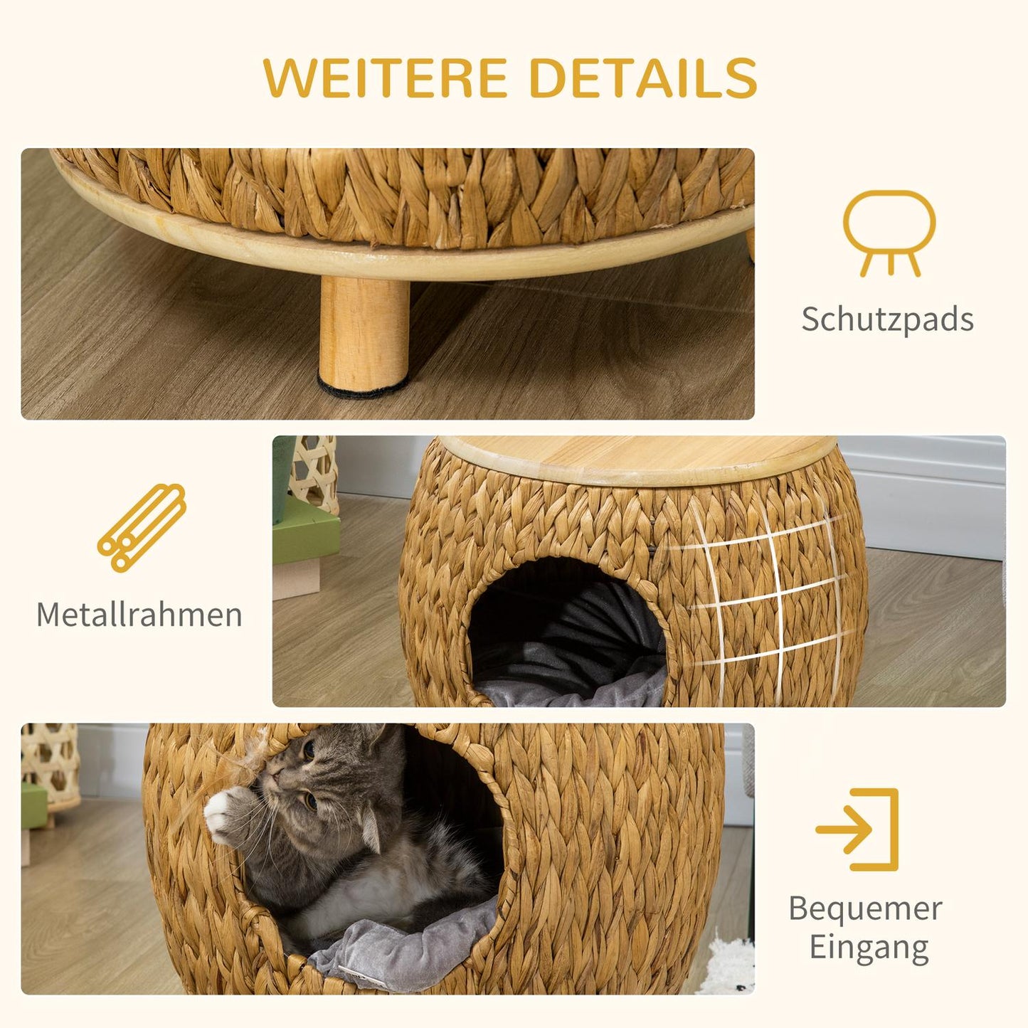 Rattan Cat Cave & Bed - 2-in-1 with pillow, 44x43x42cm