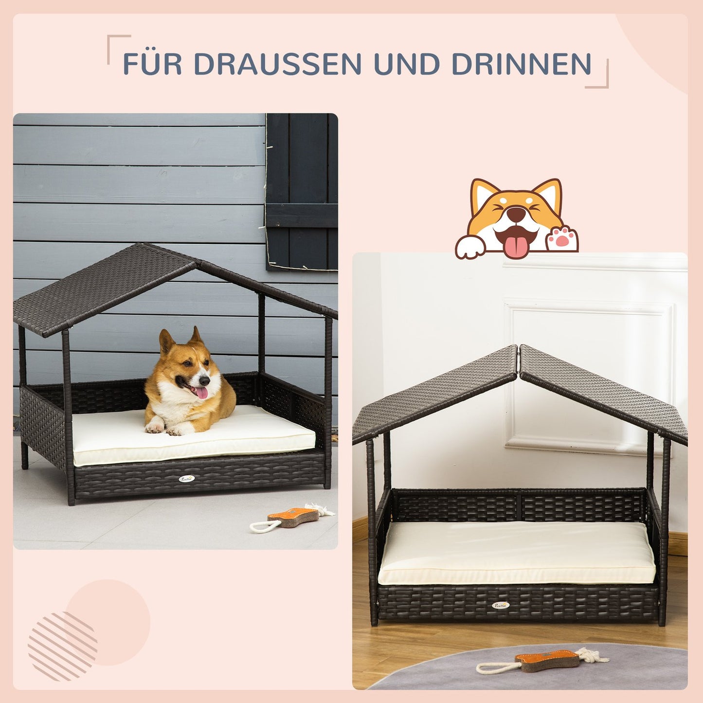 Outdoor rattan dog house with cushion, 98 x 69 x 73 cm