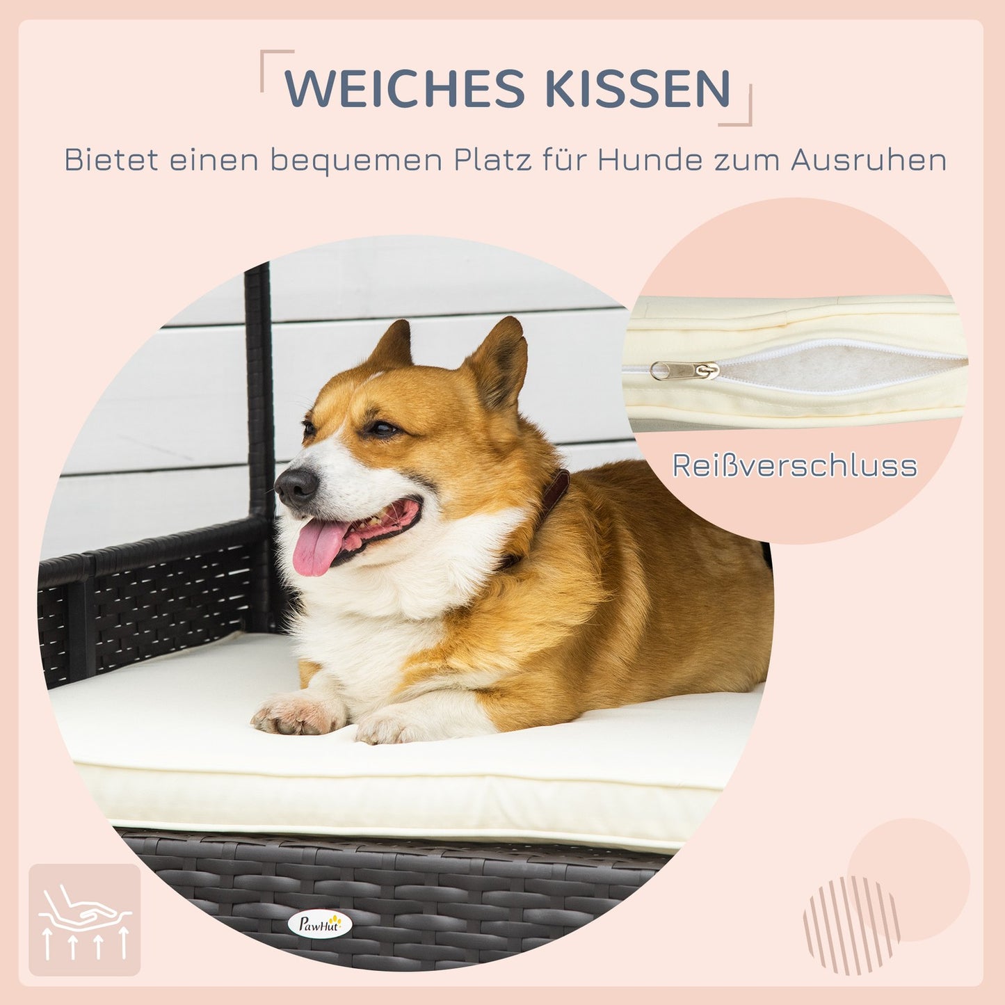 Outdoor rattan dog house with cushion, 98 x 69 x 73 cm