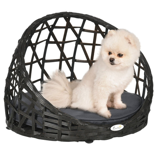 Rattan dog kennel with cushion, indoor & outdoor, black/grey