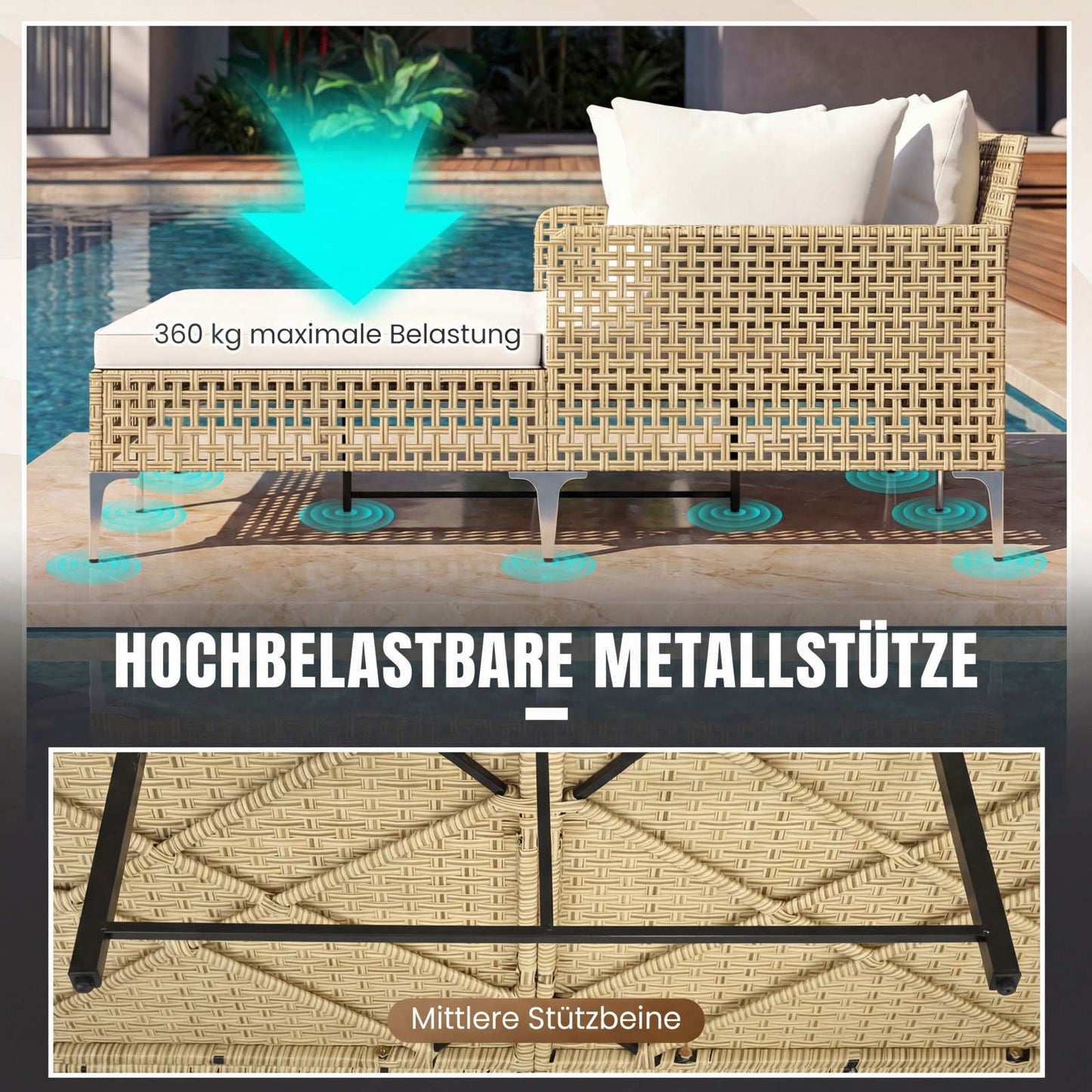 Rattan Double Sun Lounger with Cushions for 2 People