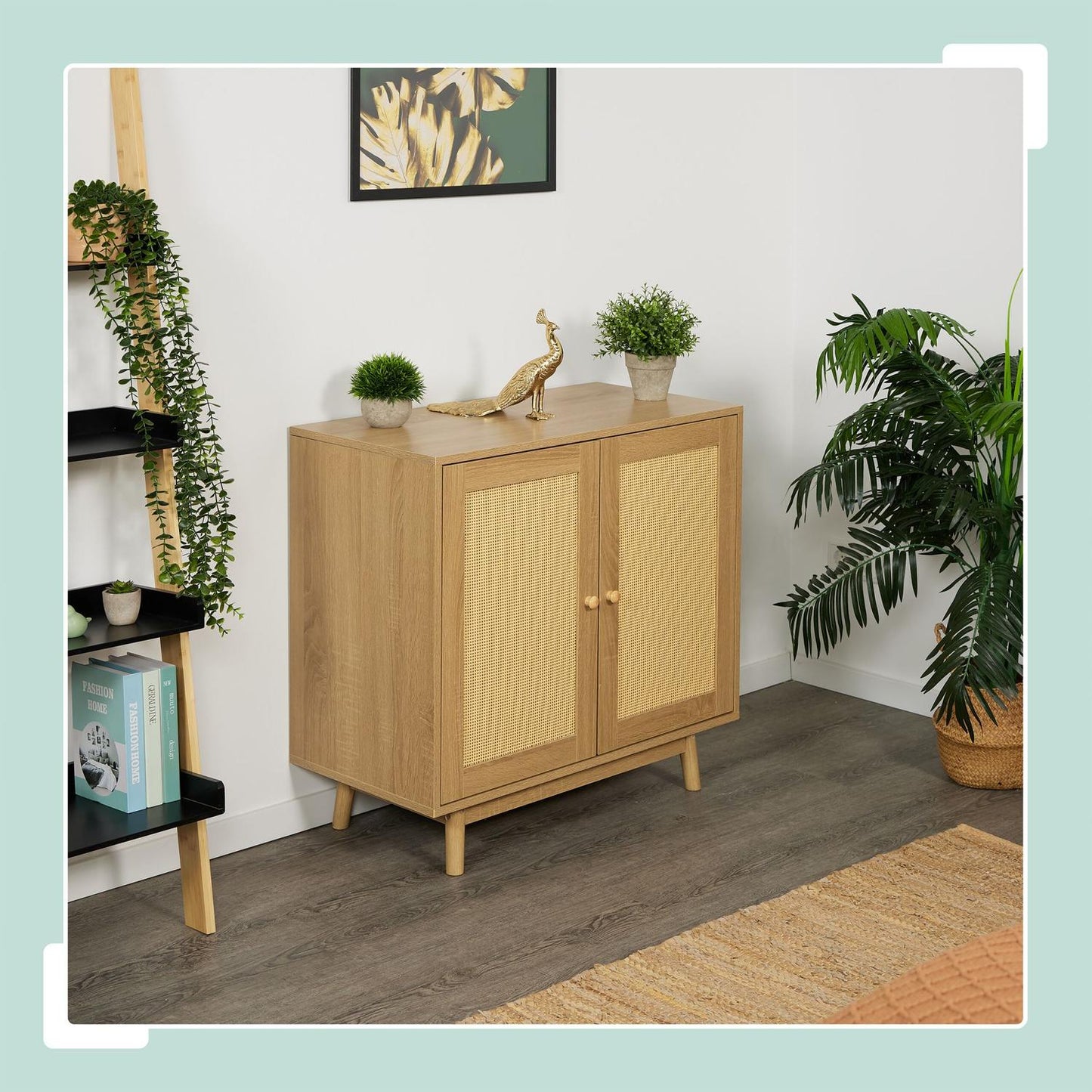 Rattan-Effect Sideboard, Wooden Legs, 2 Doors