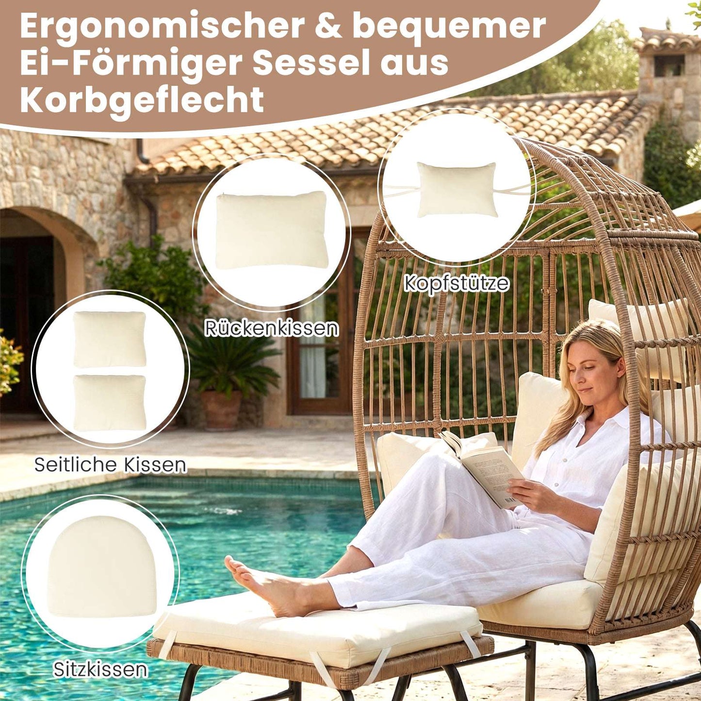 Rattan Egg Chair with Ottoman, Cushions for Indoor/Outdoor