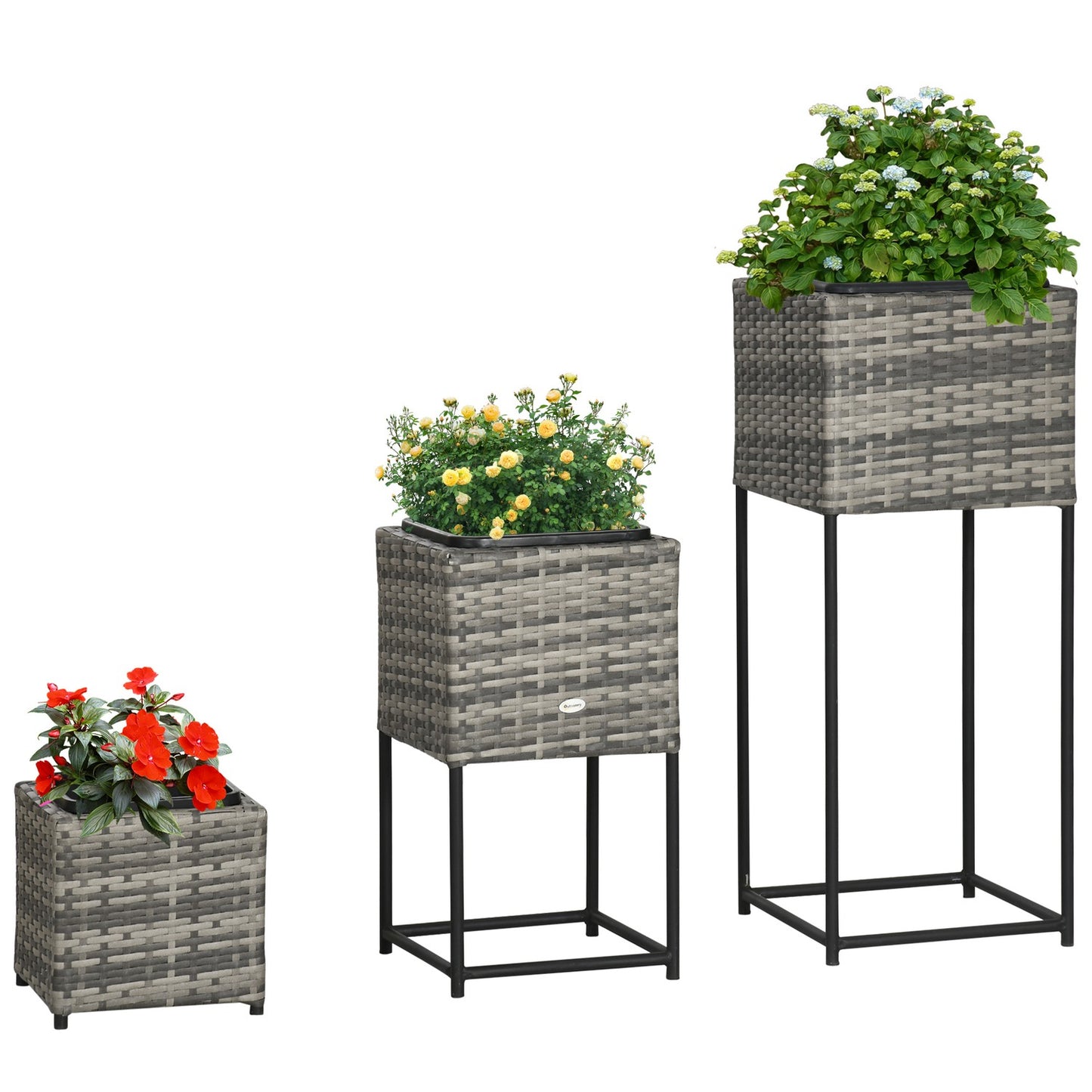 Flower box in gray rattan with stand and drainage hole