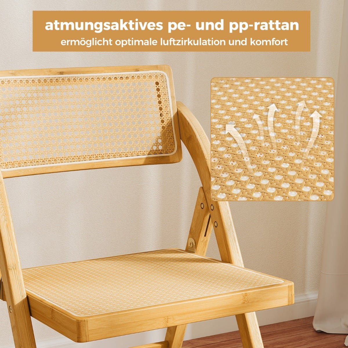 Rattan Folding Chairs, Bamboo Frame, 360 Swivel Backrest