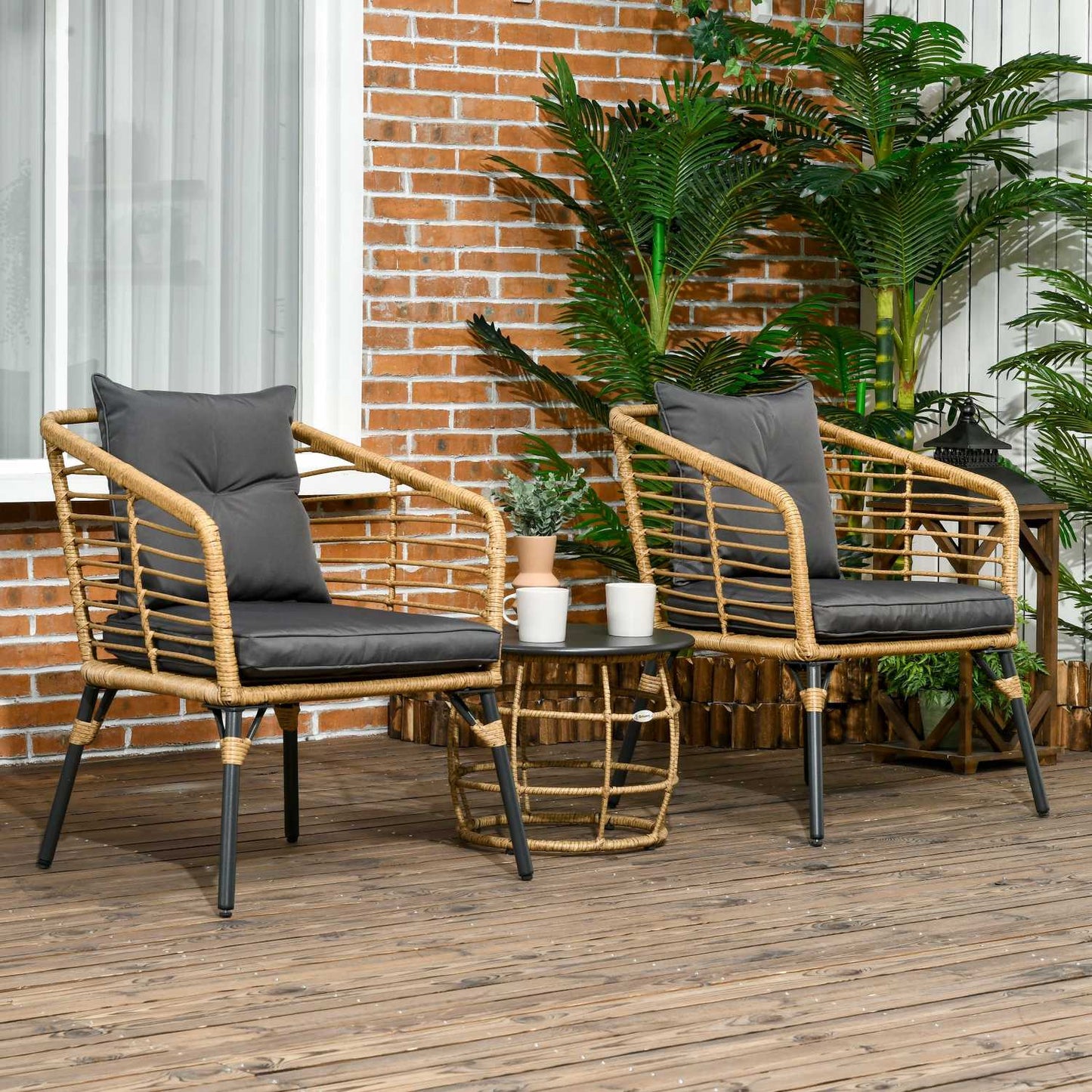 3-part patio in rattan with cushions, sand/dark grey
