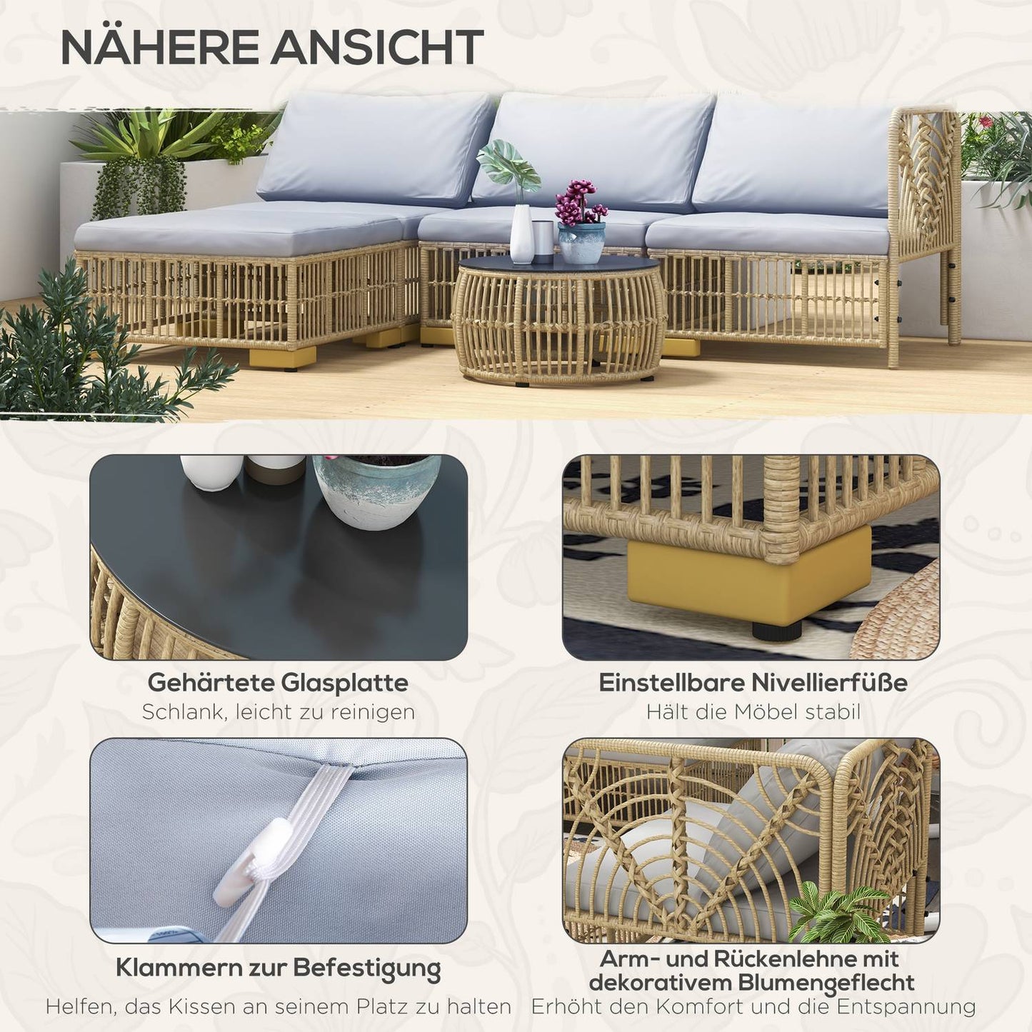 Rattan 5-piece garden furniture set with cushions, light grey