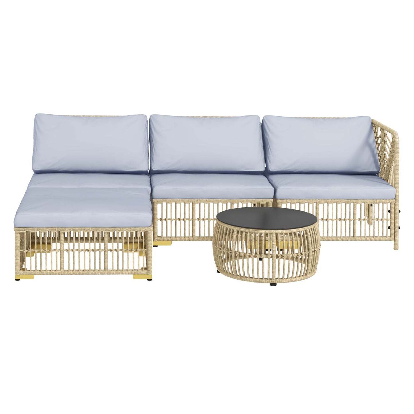 Rattan 5-piece garden furniture set with cushions, light grey