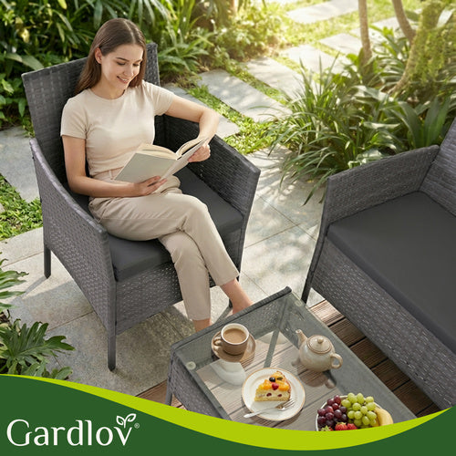 Rattan Garden Furniture Set, Dark Gray, Sofa, 2 Chairs, Table
