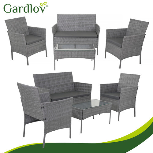 Rattan Garden Furniture Set, Dark Gray, Sofa, 2 Chairs, Table