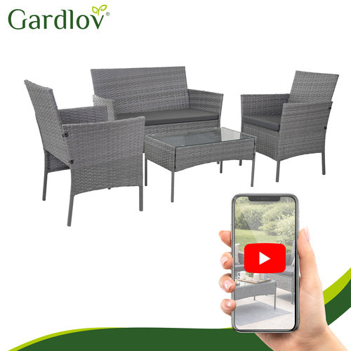 Rattan Garden Furniture Set, Dark Gray, Sofa, 2 Chairs, Table
