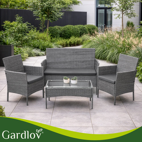 Rattan Garden Furniture Set, Dark Gray, Sofa, 2 Chairs, Table