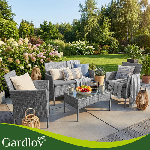 Rattan Garden Furniture Set, Dark Gray, Sofa, 2 Chairs, Table