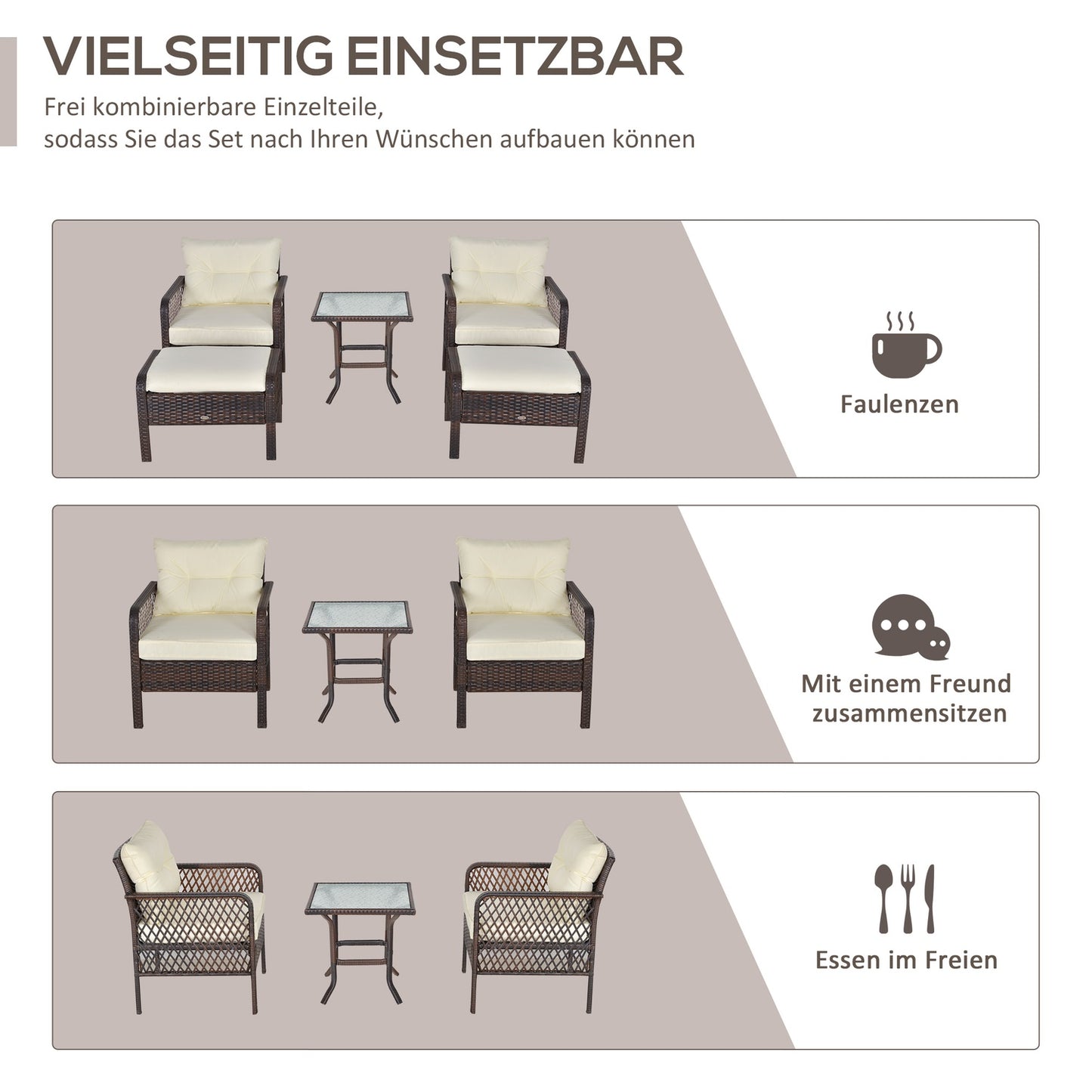 Rattan balcony furniture set - 4-seater sofa, stool & table