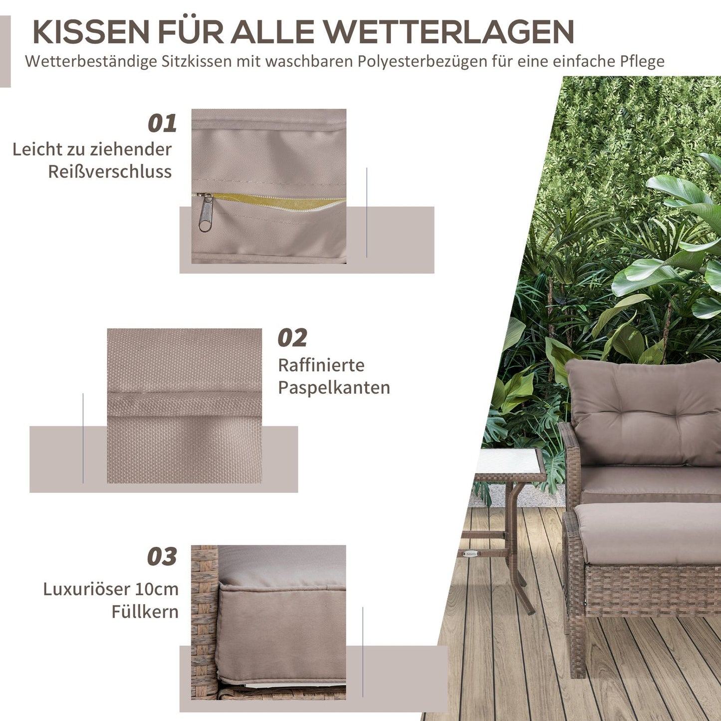 Rattan balcony furniture set - 4-seater sofa, stool & table
