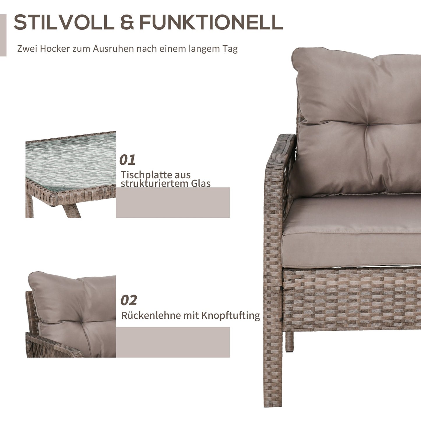 Rattan balcony furniture set - 4-seater sofa, stool & table