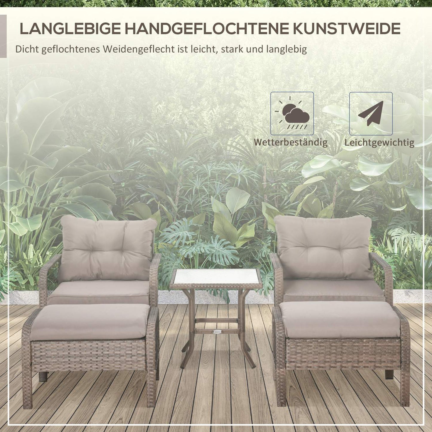 Rattan balcony furniture set - 4-seater sofa, stool & table