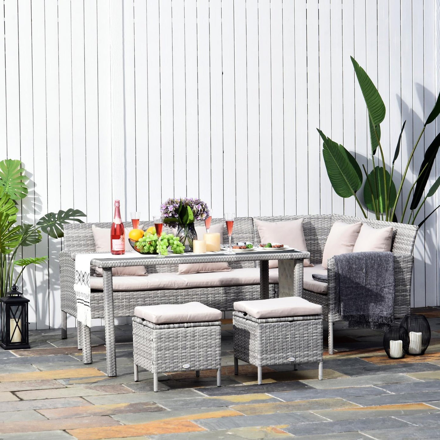 Garden furniture set in gray rattan with footstool, 134x60x75cm