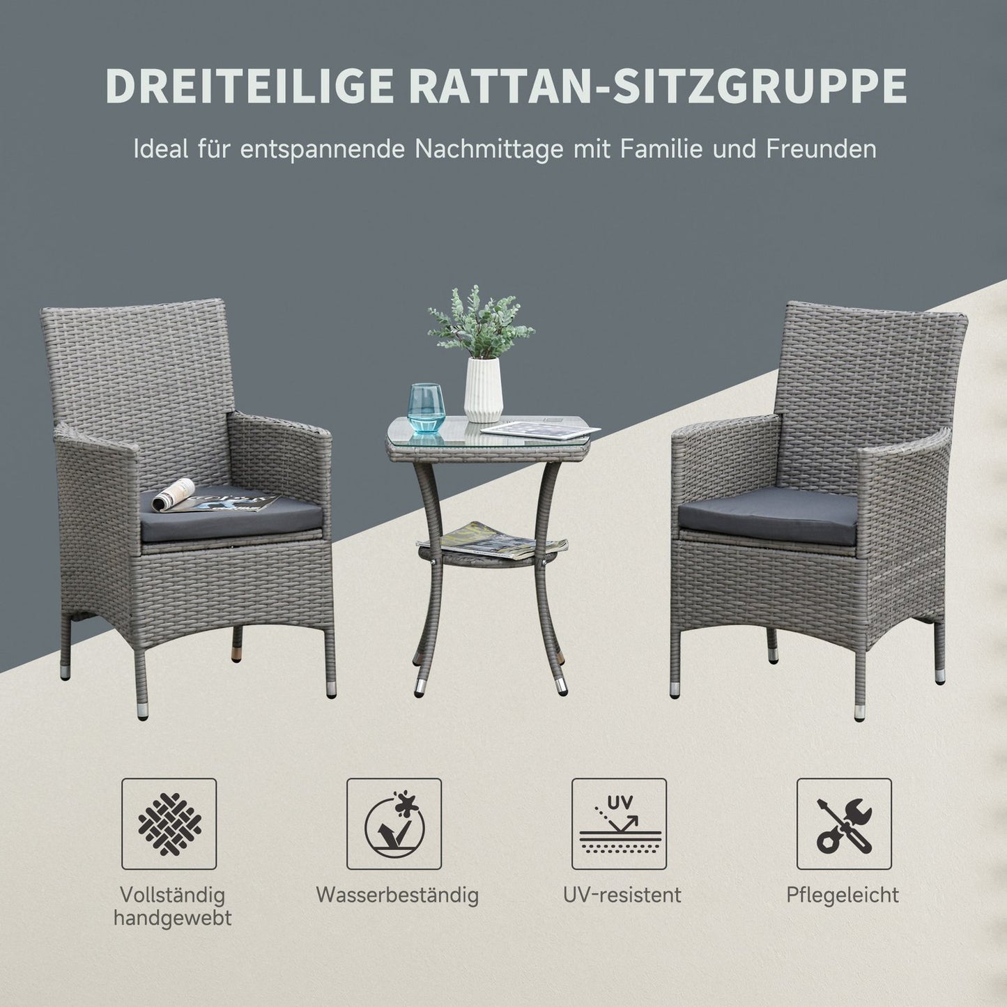 3-piece rattan garden bistro set with side table
