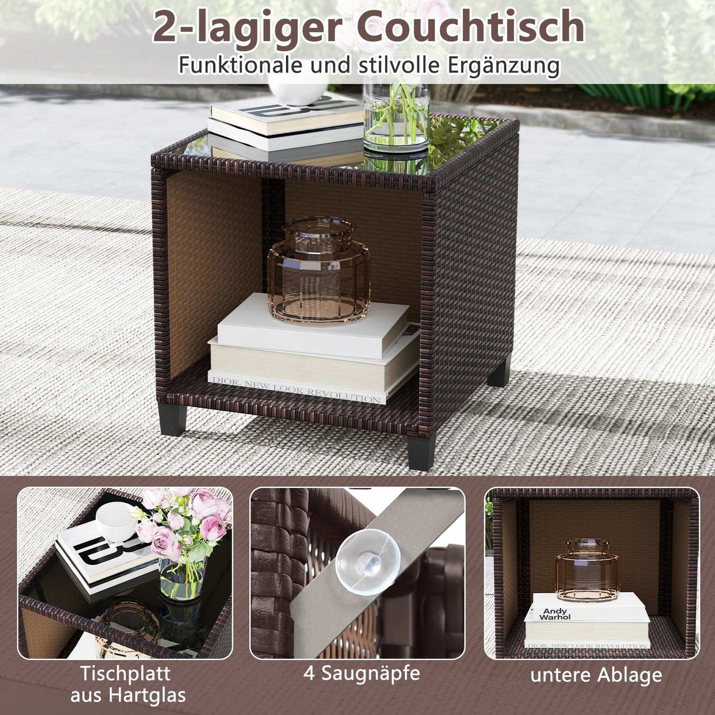Rattan Garden Furniture Set with Cushions & Table, Brown