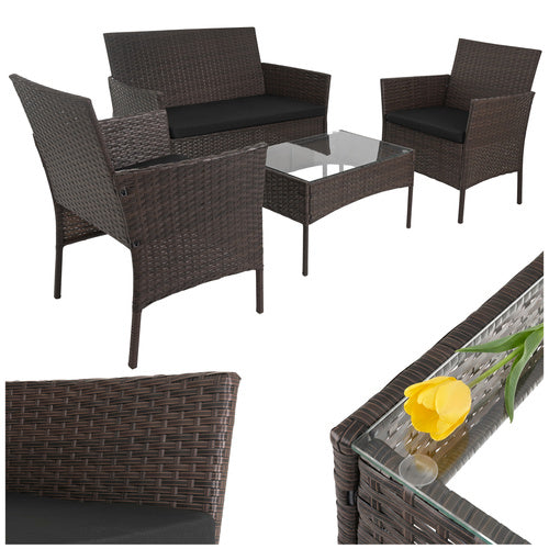 Rattan Garden Furniture Set with Cushions and Glass Table