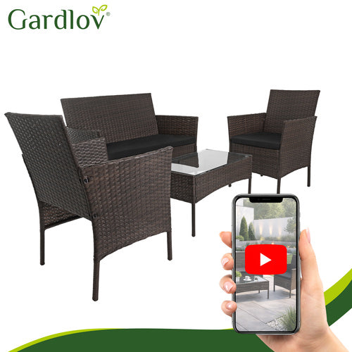 Rattan Garden Furniture Set with Cushions and Glass Table