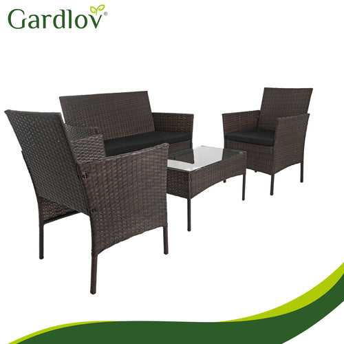 Rattan Garden Furniture Set with Cushions and Glass Table