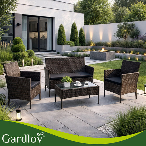 Rattan Garden Furniture Set with Cushions and Glass Table