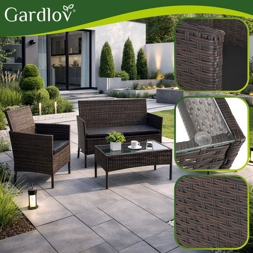 Rattan Garden Furniture Set with Cushions and Glass Table
