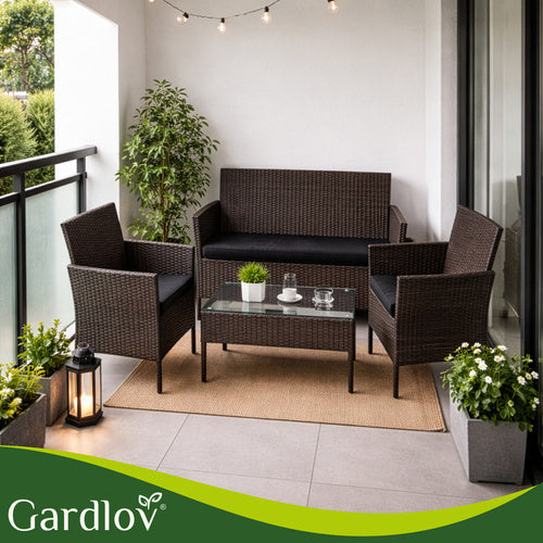 Rattan Garden Furniture Set with Cushions and Glass Table