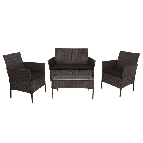 Rattan Garden Furniture Set with Cushions and Glass Table