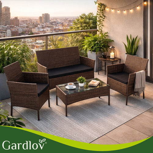 Rattan Garden Furniture Set with Cushions and Glass Table