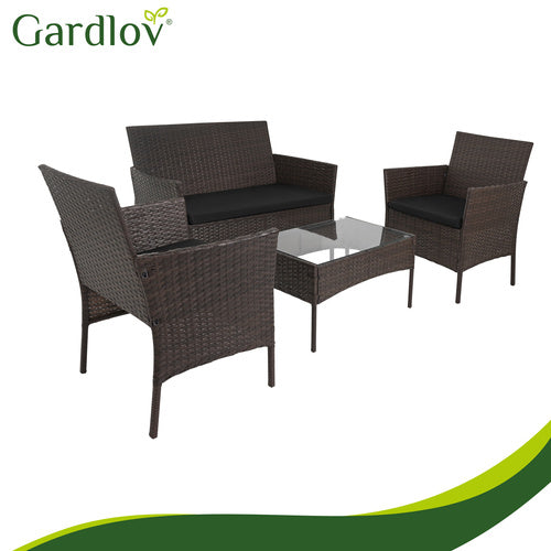 Rattan Garden Furniture Set with Cushions and Glass Table