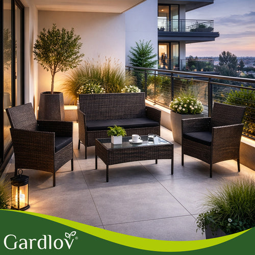 Rattan Garden Furniture Set with Cushions and Glass Table