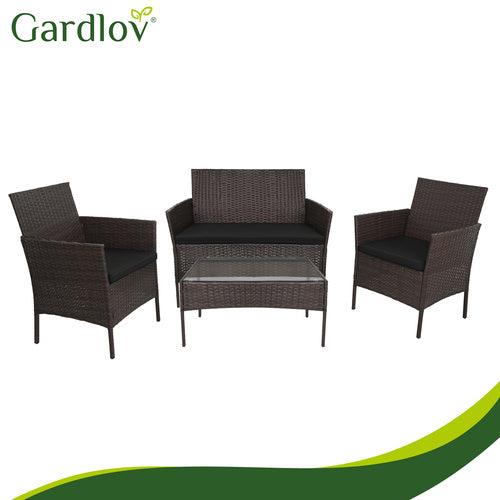 Rattan Garden Furniture Set with Cushions and Glass Table