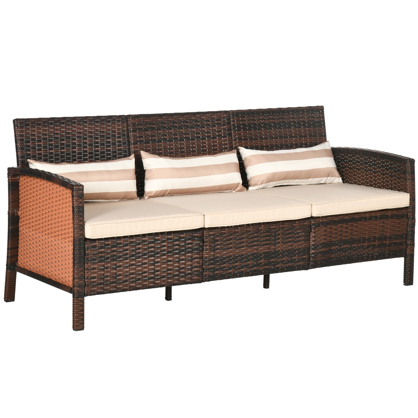 Rattan garden sofa, 3-seater with cushions, steel frame