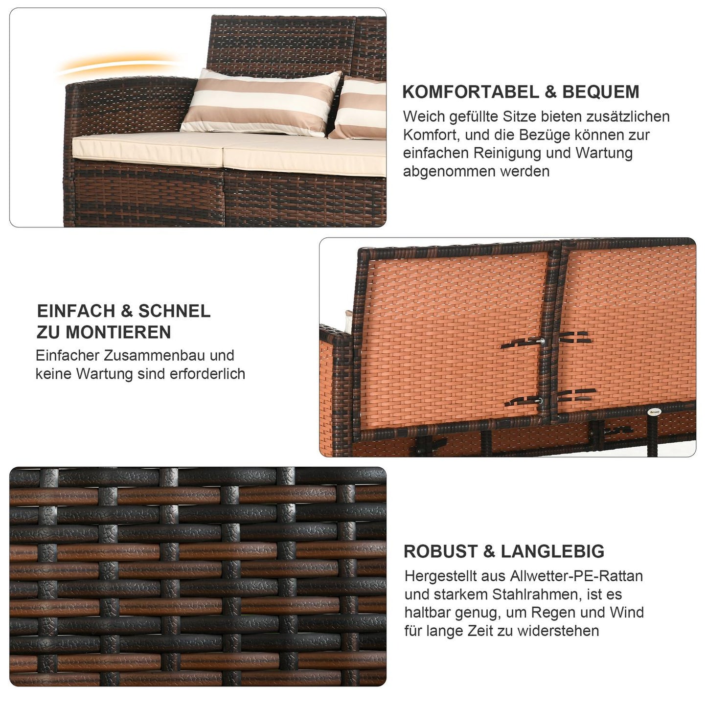 Rattan garden sofa, 3-seater with cushions, steel frame