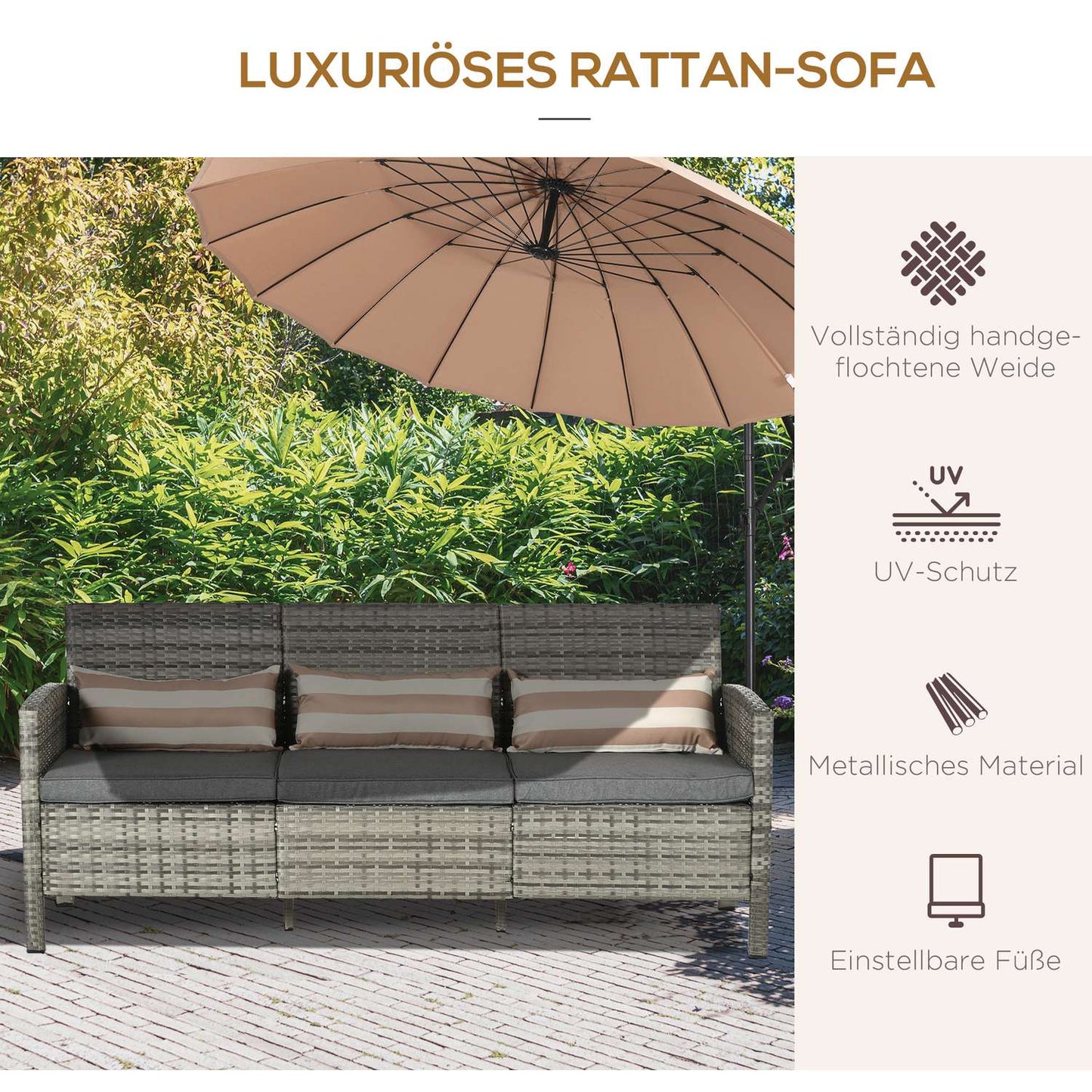 Three-seater garden sofa in rattan, cushions included, grey