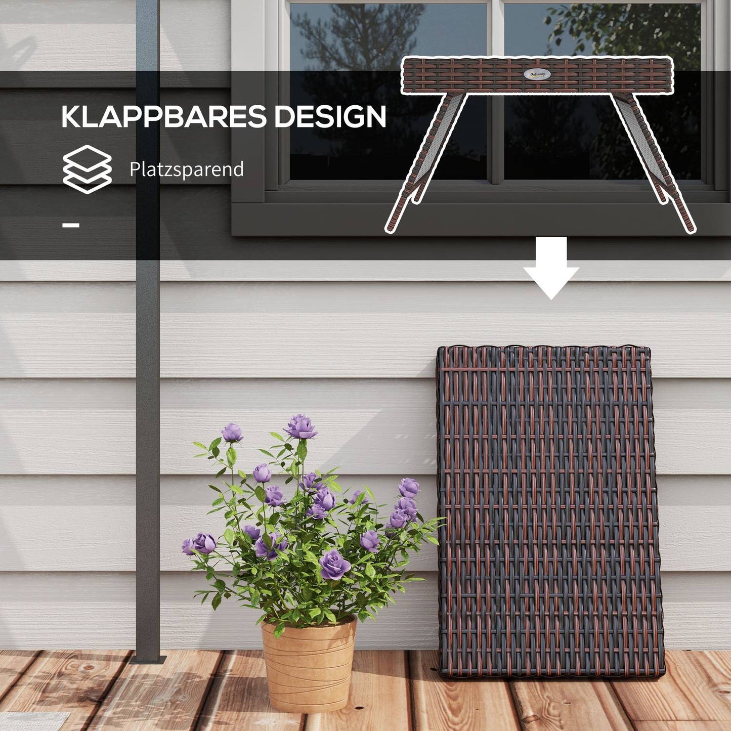 Weather-resistant folding garden table in rattan, brown 60x41x41 Cm