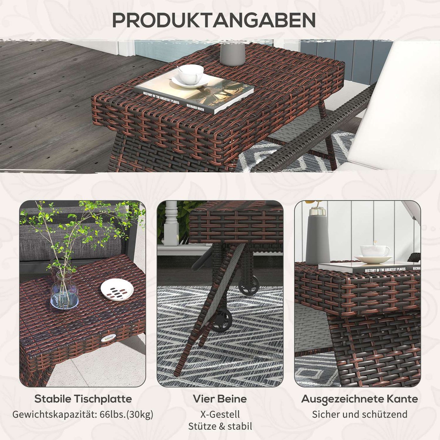 Weather-resistant folding garden table in rattan, brown 60x41x41 Cm