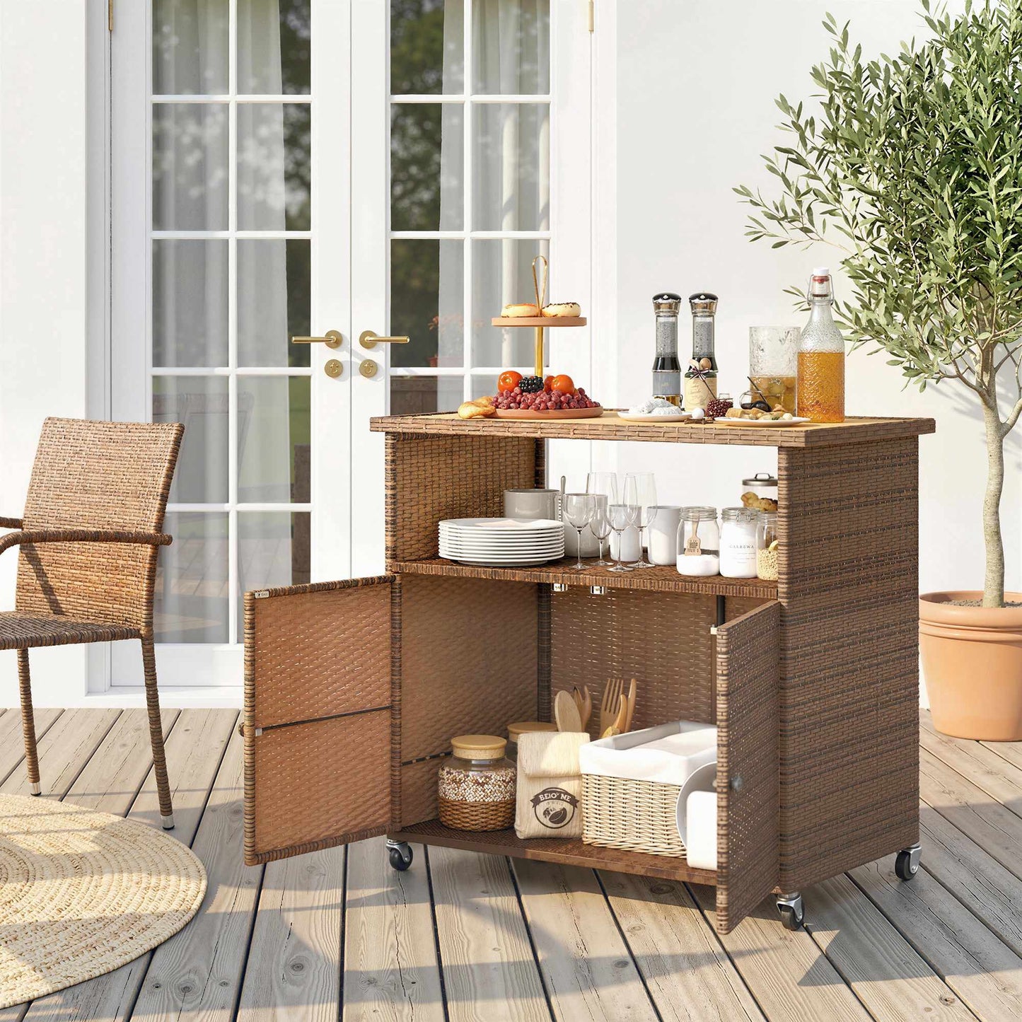 Rattan Kitchen Cart with Eucalyptus Top and Wheels