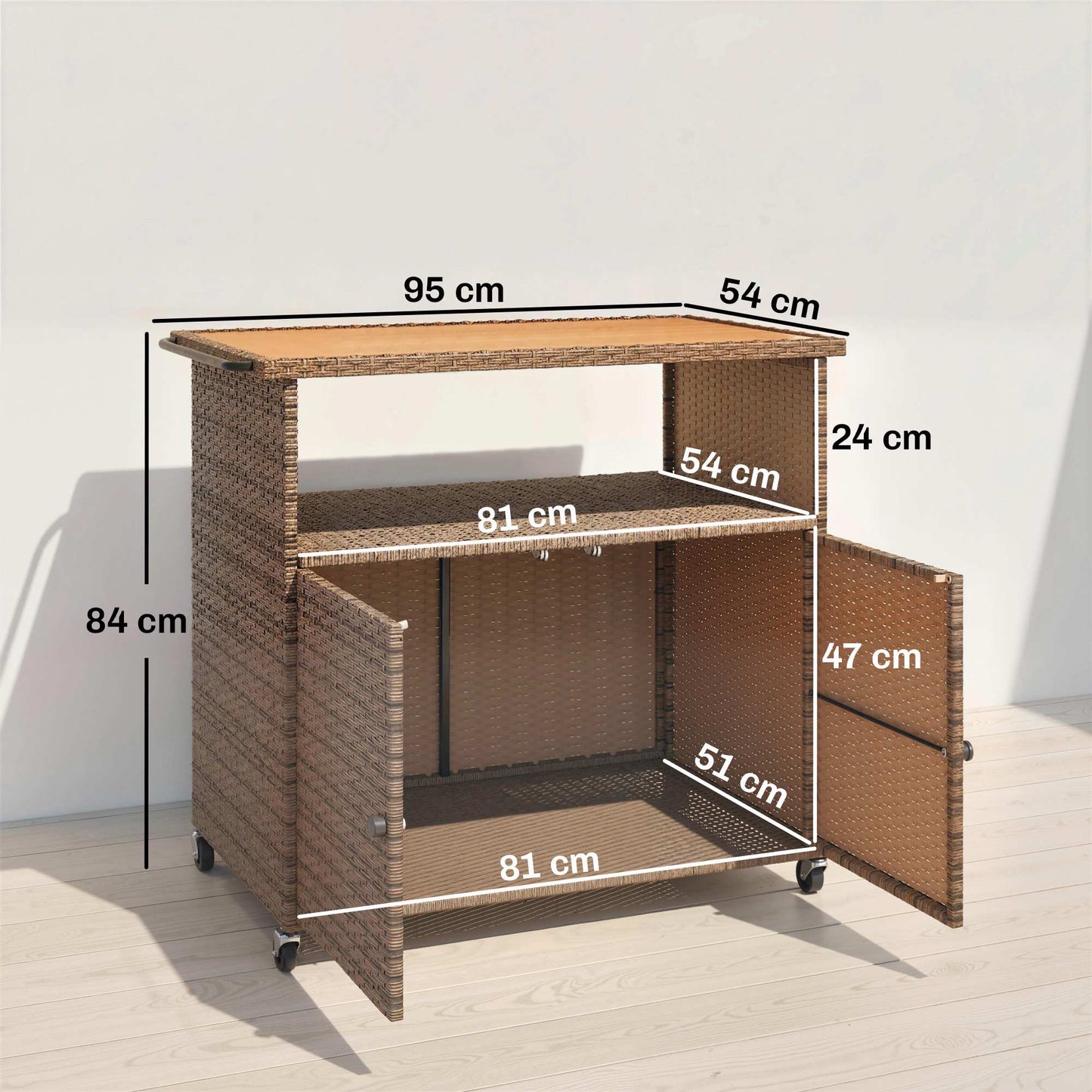 Rattan Kitchen Cart with Eucalyptus Top and Wheels