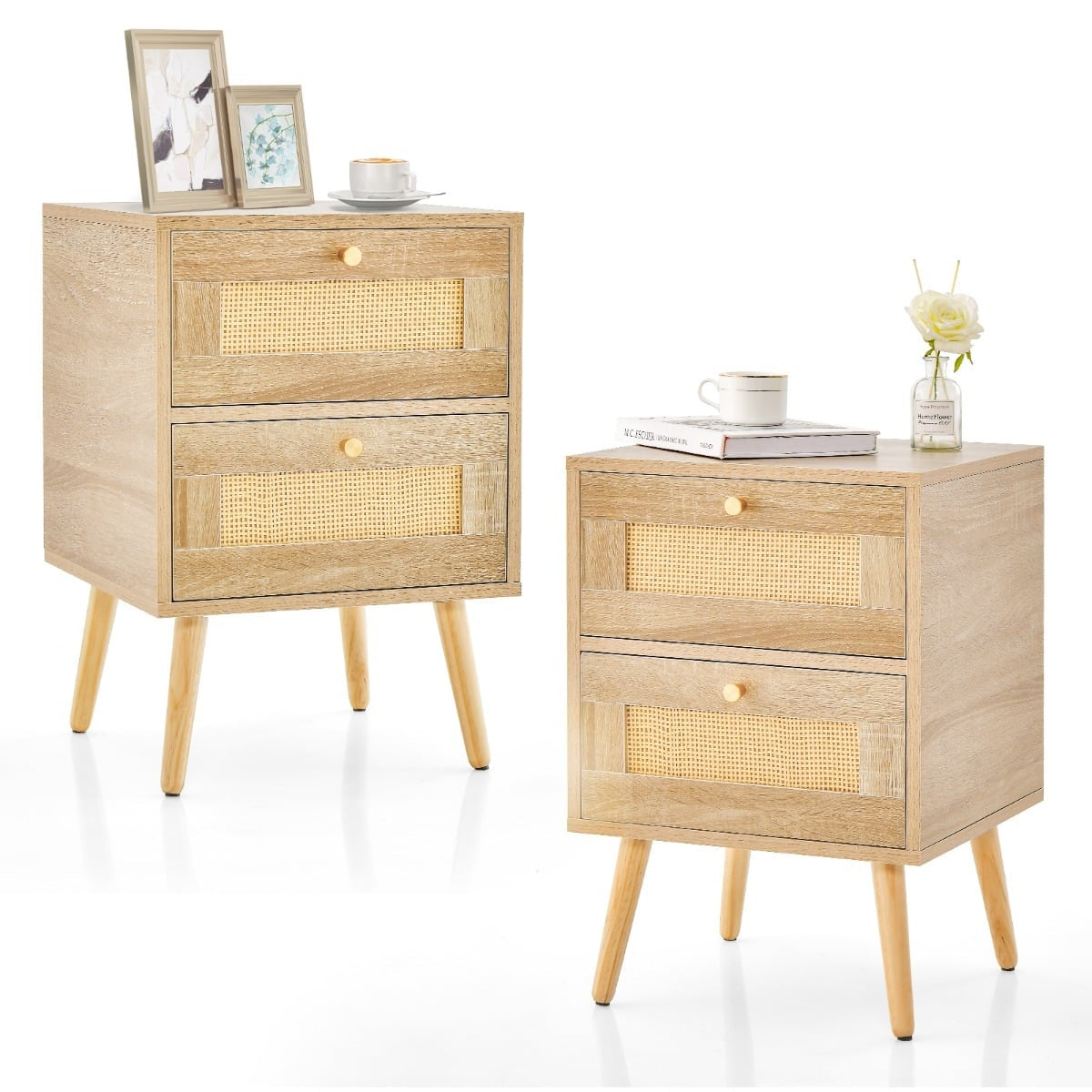 Rattan Nightstand Set, Boho Style, 2 Drawers, Wood Legs